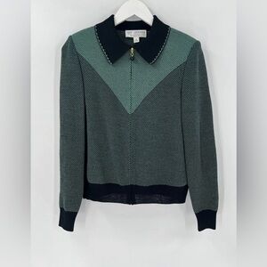 St. John Vintage Jacket Womens 6 Small Green Black Full Zip Knit Shoulder Pads